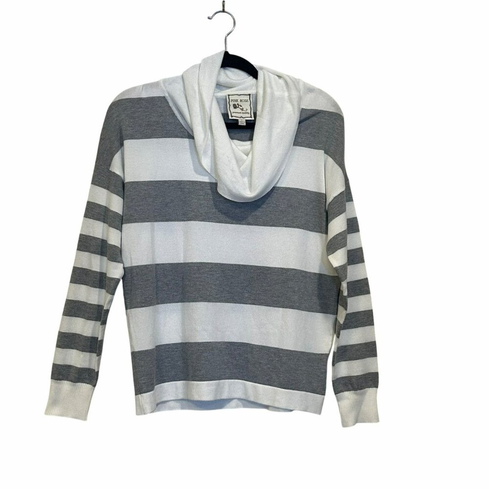 ✨Pink Rose Size L Cute Gray & White Striped Cowl Neck Sweater New ✨